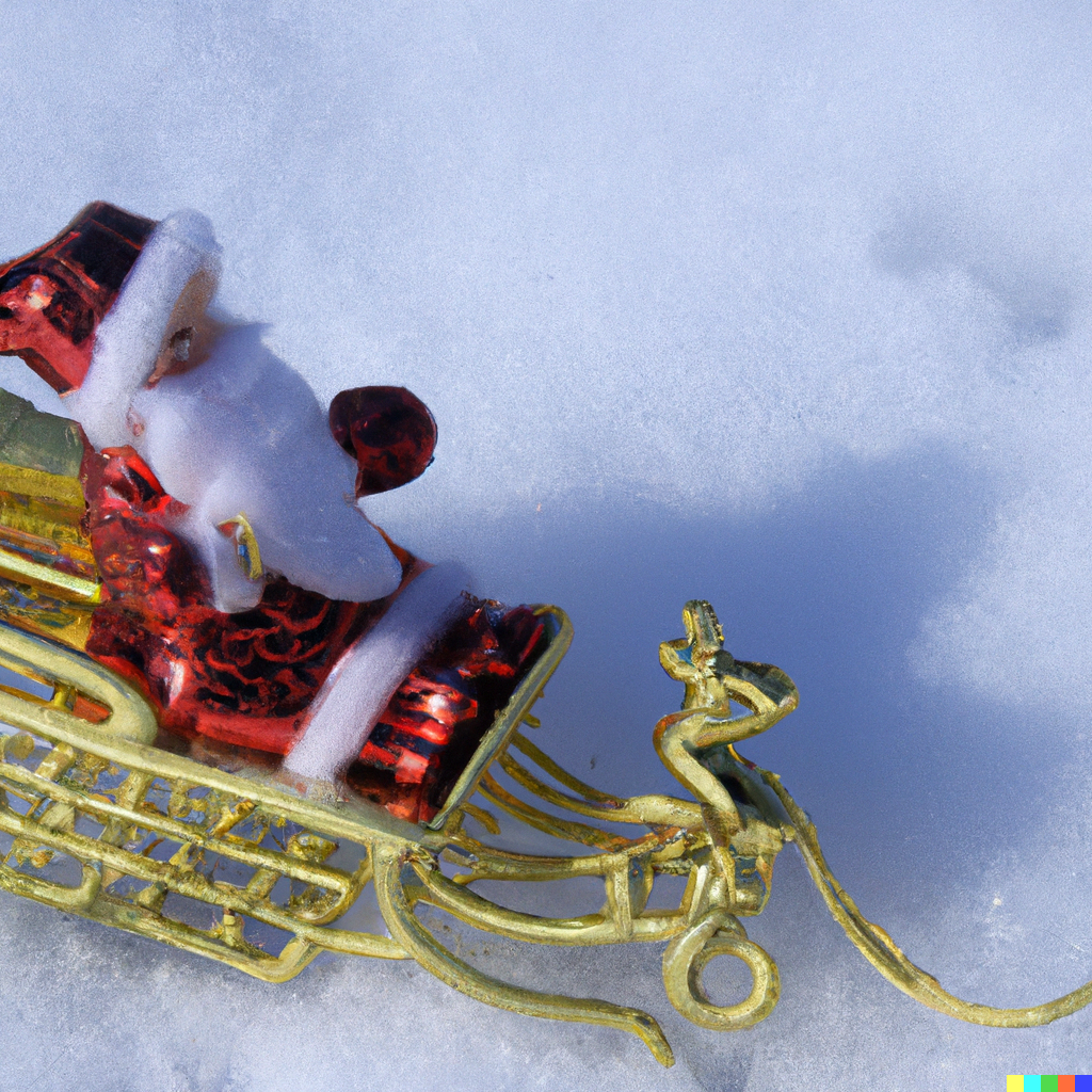 père noel sur traineau d'or dans la neige